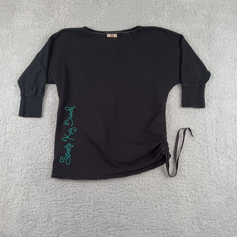 Artisans Siesta Key Beach Black Ruched‎ Side Drawstring Top XL 100% Cotton